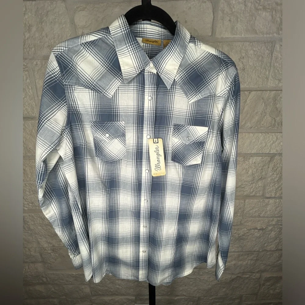 Wranglers Plaid Shirt Faux Pearl Snaps NWT Size Large Blue and Cream - Picture 5 of 6